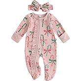Liuckyxin Newborn Baby Girl Christmas Outfit Bow Candy Cane Footed Romper Headband Infant My First Xmas Jumpsuit