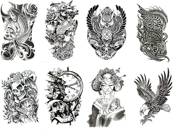 Amazon Lattcure タトゥーシール ボディーシール 8枚セット 髑髏 フクロウ 鷹 魚など8種類絵柄 刺青 足 体 胸 腕 肩 背中に簡単貼る 個性 おしゃれ 15 21ｃｍ タトゥーシール 通販