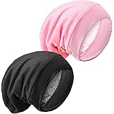 Silk Bonnet for Sleeping Women Adjustable Silk Satin Lined Slouchy Beanie Hat Sleep Cap for Curly Hair 2 Pcs (Black+Pink)