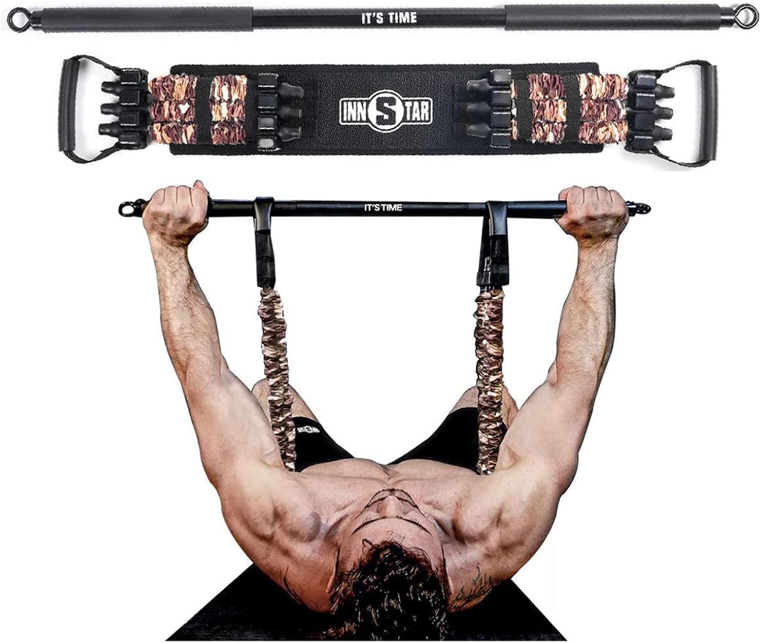 INNSTAR Bench Press Band with Bar, Adjustable Push Up Resistance Bands, Portable Chest Builder Workout Equipment, Arm Expander for Gym, Fitness, Home & Travel(Camo Brown-200LB)