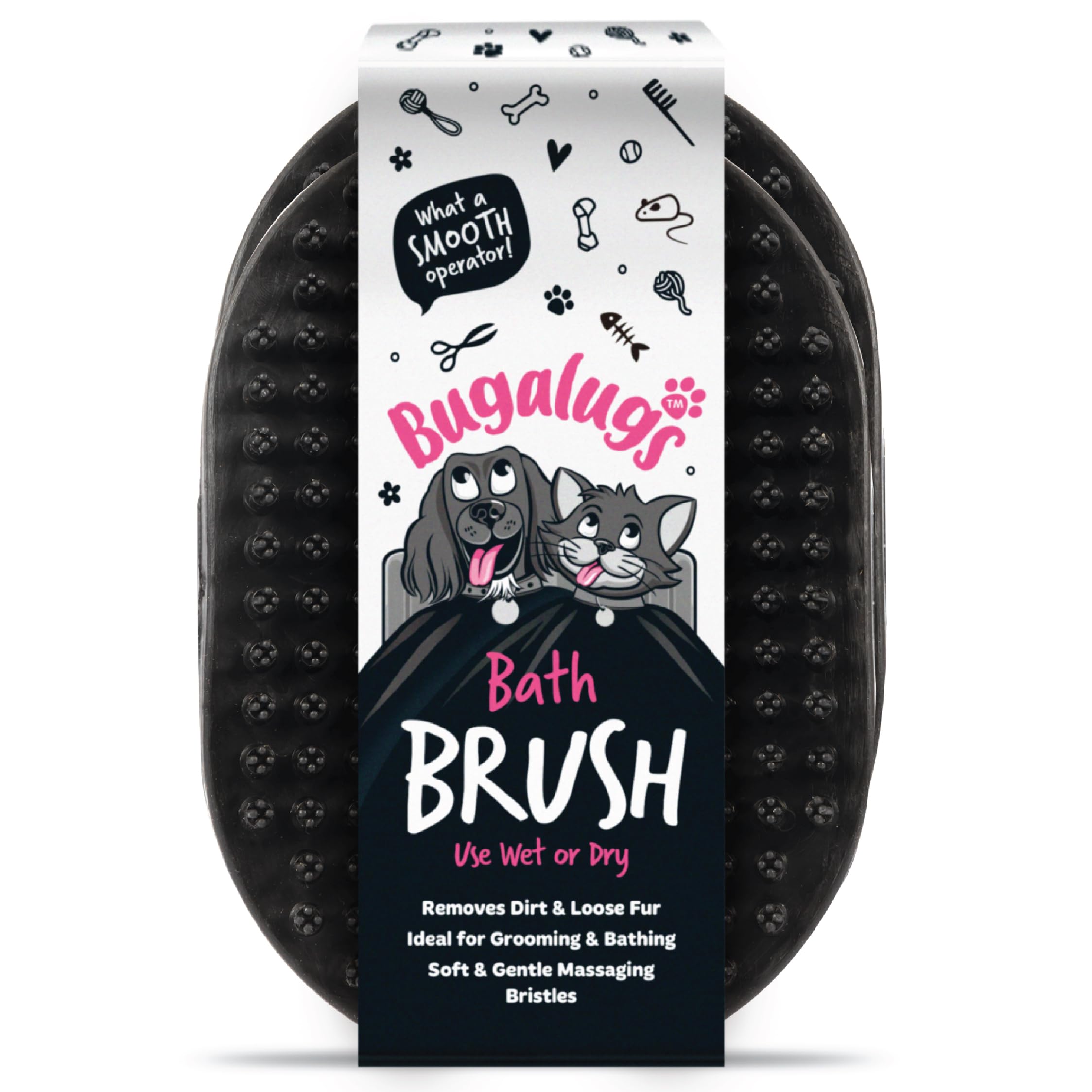 Bugalugs Dog Shampoo Bath Brush & Cat Brush, use wet or dry as dog grooming brush for grooming & bathing use alongside our dog no rinse shampoo for smelly dogs & cats (Black (2 Pack))