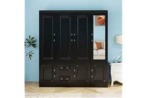 Keloyid 4 Door Armoire Wardrobe Closet with 2 Drawers Modern Wardrobe Closet Mirror Spacious Storage Cabinet with 2 Hanging Rods & Shelves Tall Wardrobe Closet for Bedroom Black