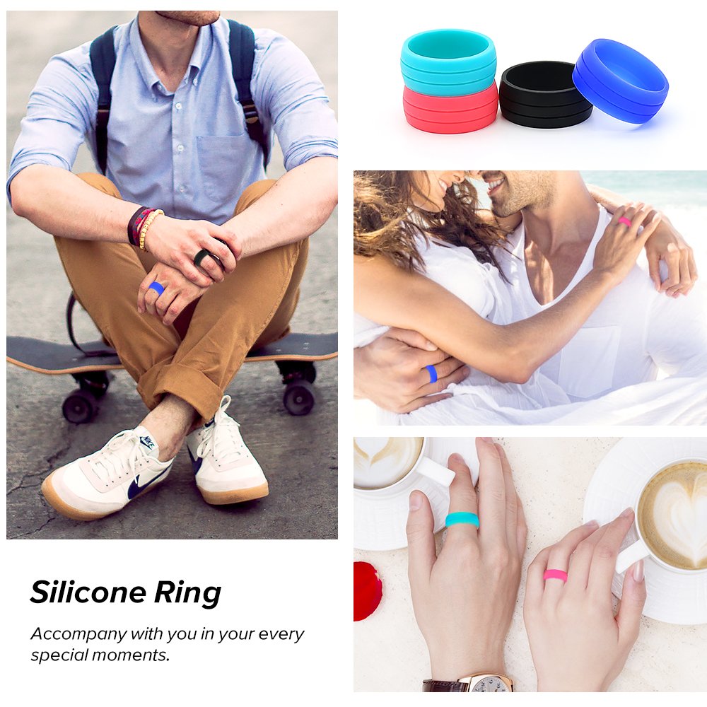 CLAN-X Silicone Wedding Rings,Premium Silicone Wedding Bands for Men&Women 4Pack By (Black Pink Blue Green, 7)