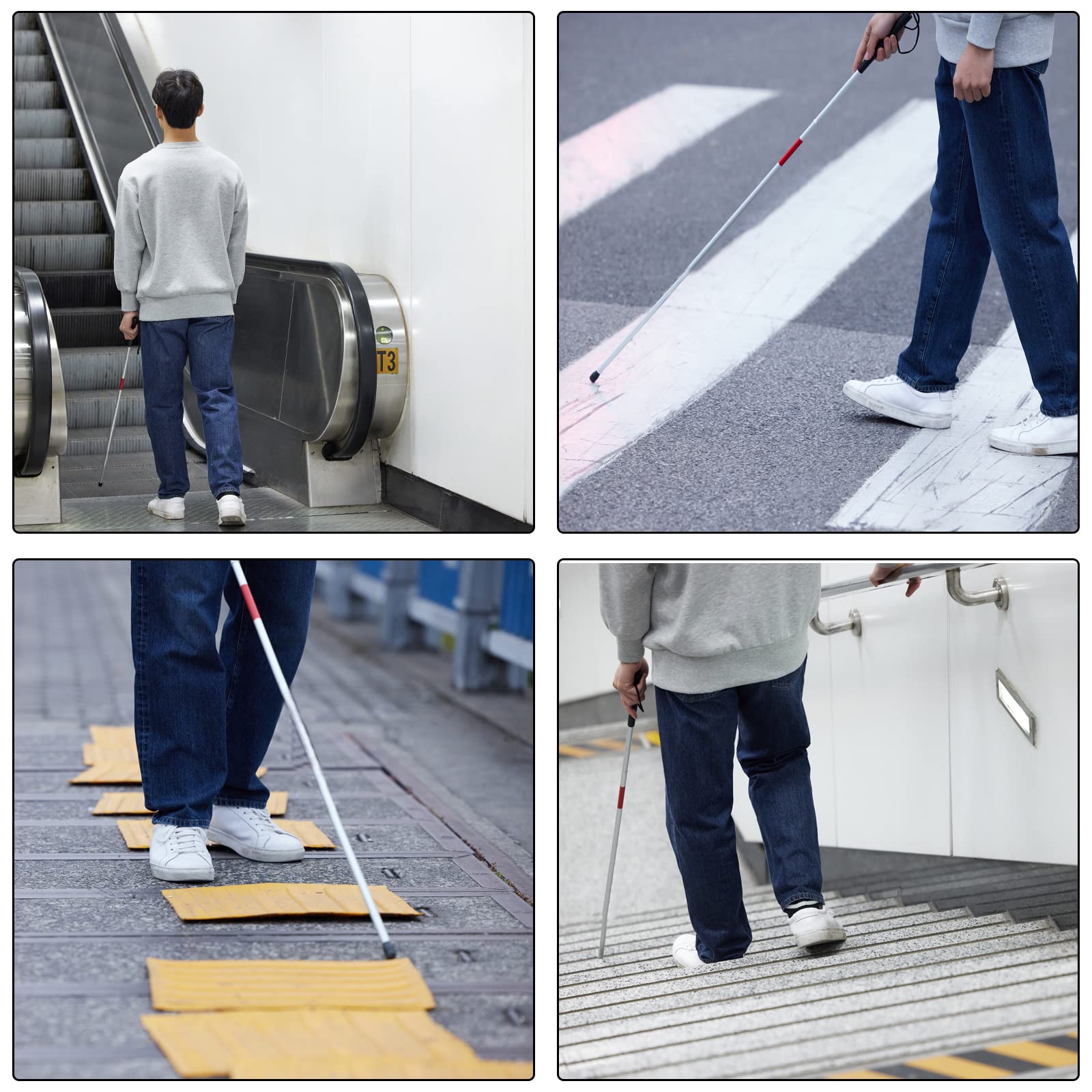 Folding Blind Cane Walking Stick with Red Reflective Tape for The Blind and Visually Impaired People,48 inch Collapsible Non-Slip Aluminum Cane