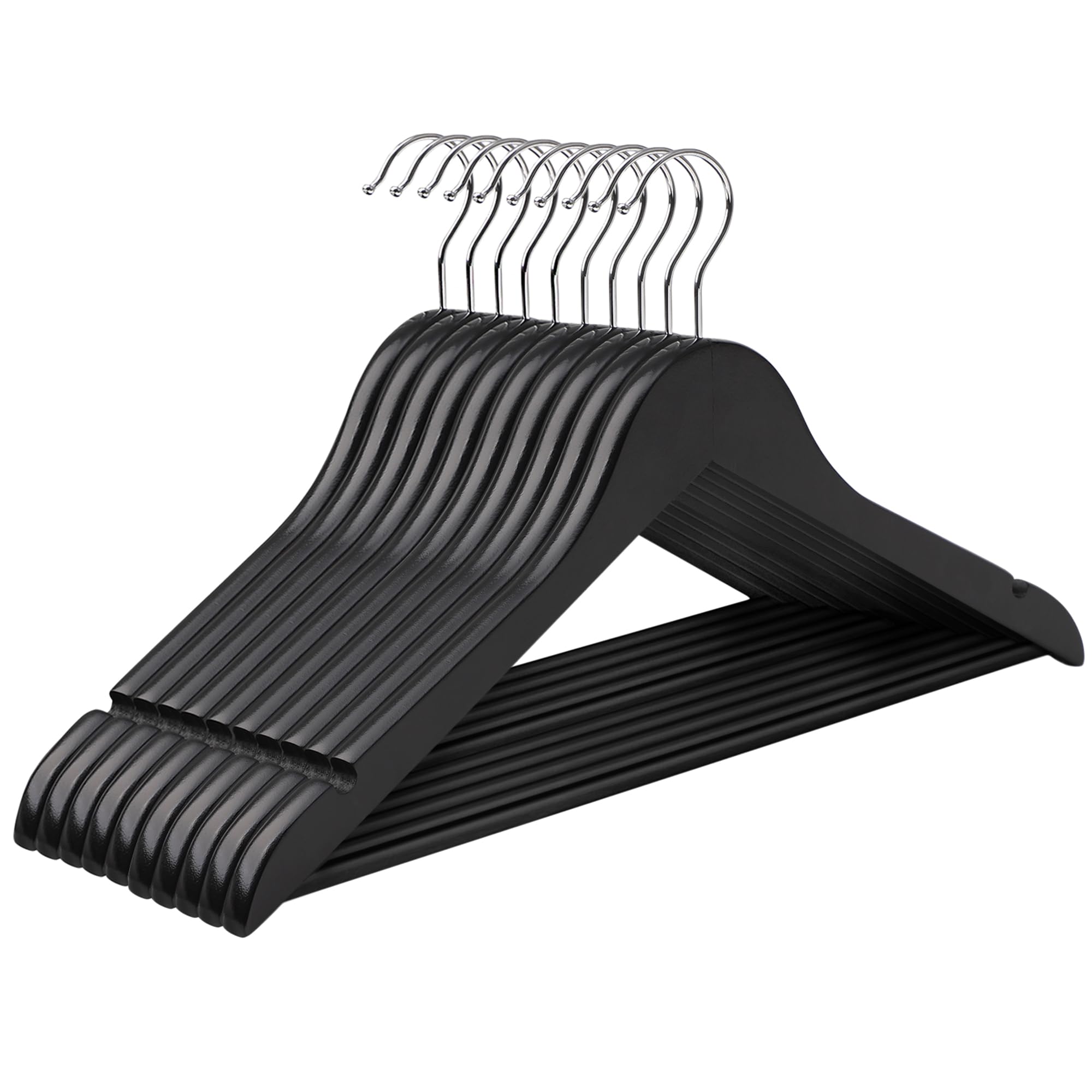 SONGMICS Wooden Hangers, Set of 10, Solid Wood Hangers, Notches in the Shoulder Area, Non-Slip Trouser Bar, 360° Rotating Hook, for Suits, Shirts, Black Silver, CRW02B10