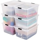 IRIS USA 6-Pack 32.5 Quart Clip Box with Latching Lid | 18.5"L x 15.13"W x 9.38"H, Clear storage bin with secure latching lid, Stackable, nestable organizer for home and office