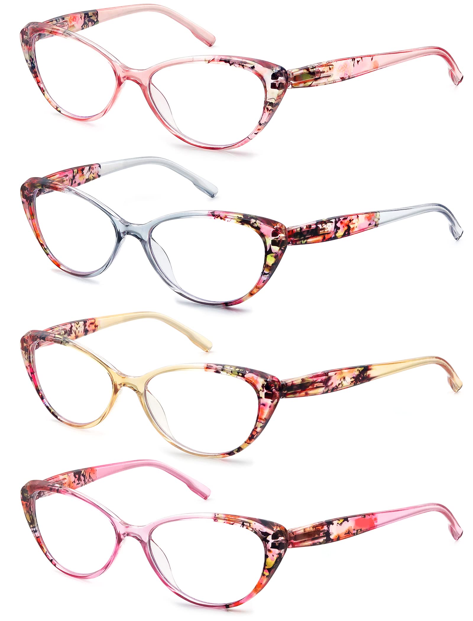 HEEYYOK Reading Glasses Womens Blue Light Blocking +1.75 Cat Eye Readers Glasses Floral/Flower Pattern Stylish Lightweight Frame 4 Pack