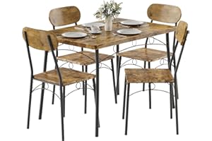 VECELO Dining Table Set for 4, 5-Piece Kitchen Table with 4 Chairs, MDF Board Tabletop with Metal Frame for Small Space, Compact Dinette, Breakfast Nook, Brown