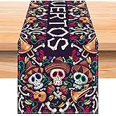 LFIVEOOH Dia De Los Muertos Mexican Table Runner, Sugar Skull Decor, Rustic Linen Day of The Dead Decorations, Fiesta Party for Home Kitchen Dining Room, 72×13 Inch