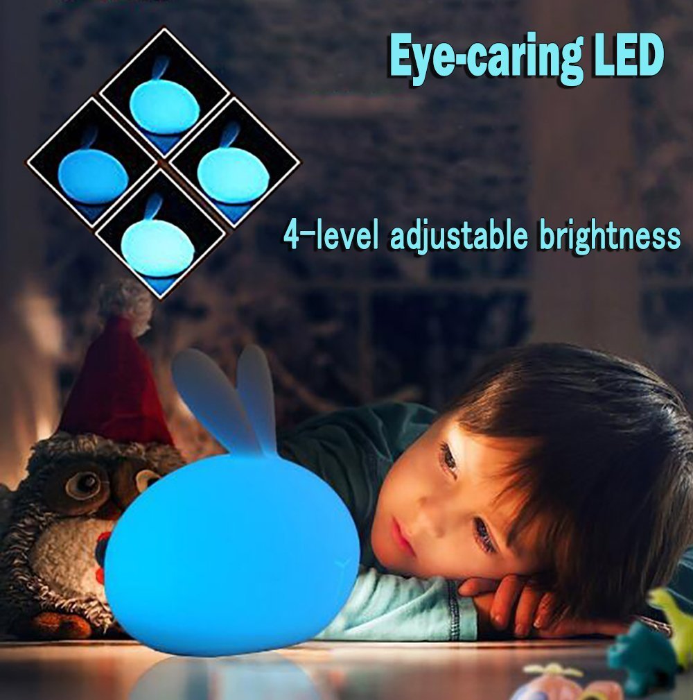 Eschone Cute Baby Kids Children Night Light Soft Silicone Warm Silicone LED Night Lights Tap Control Lamp Rechargeable Bunny Sensor Touch Light Rabbit Gift Toy Night Light(7-color + 4-Brightness)