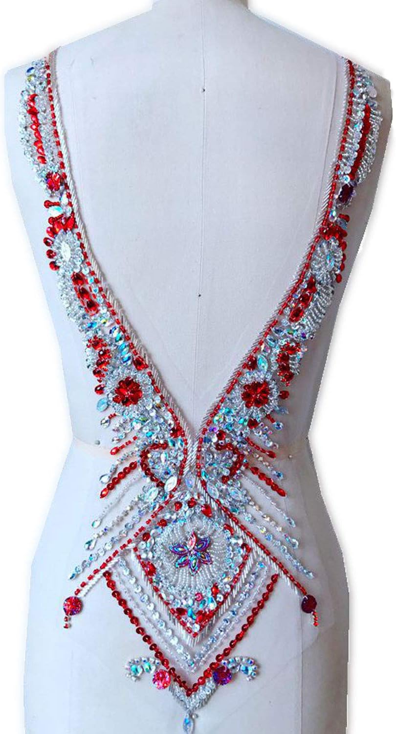 Luxury Back Rhinestones Floral Applique on mesh DeepV