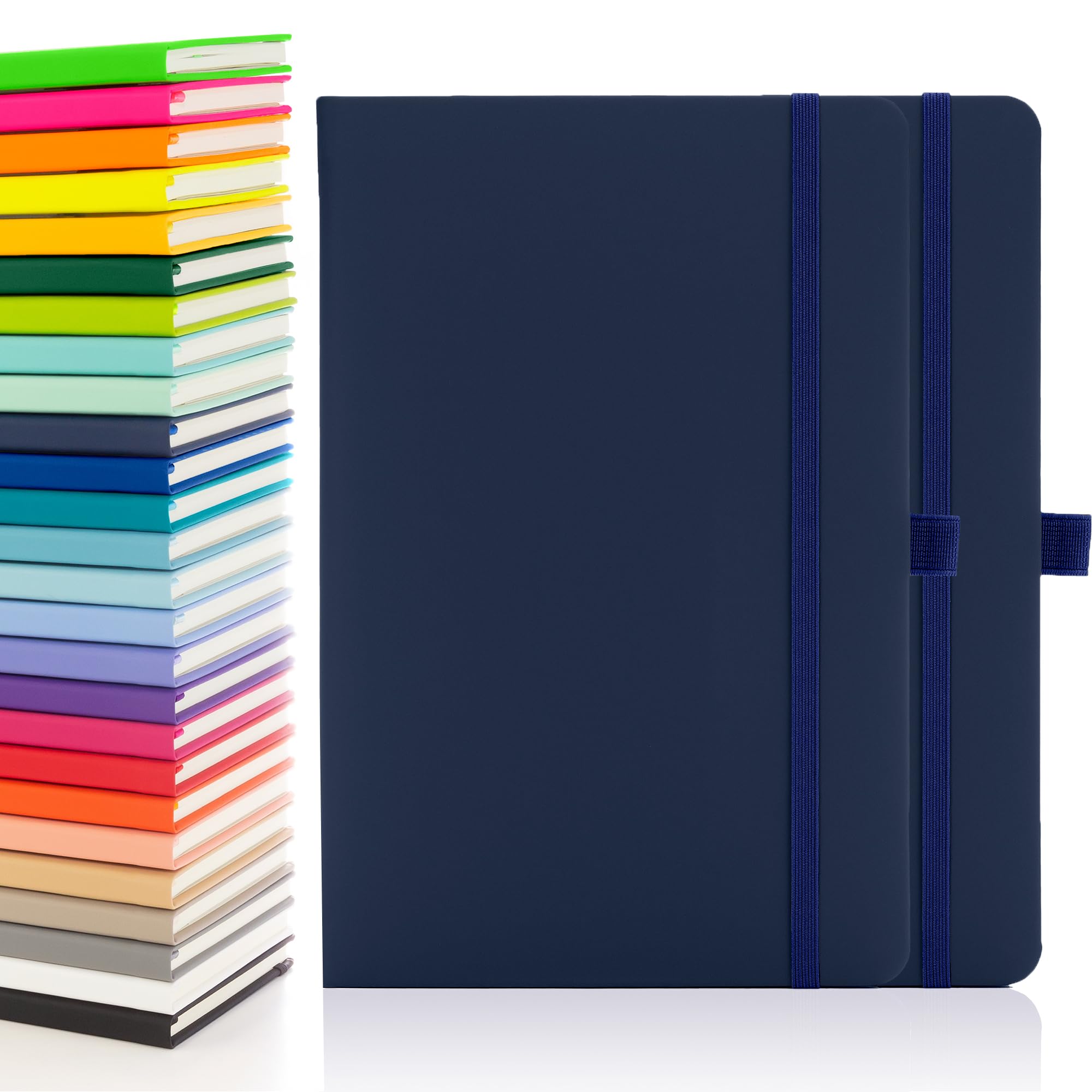 Notes London 2 x Eco A5 Notebook with Lined Pages, Pen Loop, Ribbon, Date Marks and Paper Pocket, Medium Hardback Journal, Note, sustainably sourced paper (Navy & Navy)