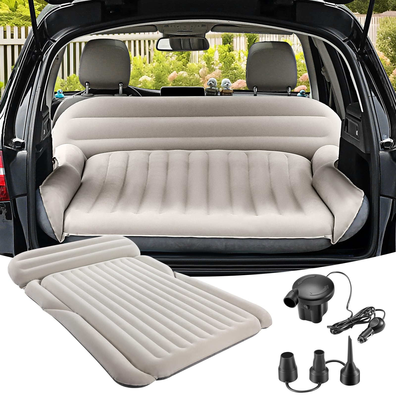Photo 1 of KMZ SUV Air Mattress Thickened Double Flocking Camping Mattress Upgraded Portable Sleeping Car pad Comfortable Inflatable Travel Bed with External Pump and 2 Pillows?Off-White and Light Gray?