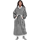 Eydna Wearable Blanket Hoodie Sweatshirt Standard For Adults - Cozy Flannel And Fleece With Hood, Giant Pocket and Adjustable Belt - Light Gray