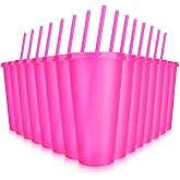 Hxezoc 16-Piece Reusable Cups with Lids and Straws, 24 oz Glitter Plastic Tumbler Iced Coffee Cups Travel Mugs for Smoothies, Juices, Beach, Bachelor Party (Hot Pink)