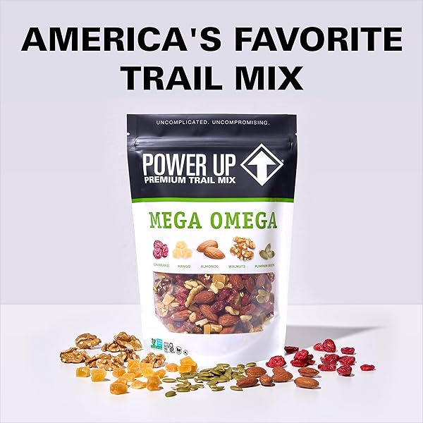 POWER UP TRAIL MIX, MEGA OMEGA TRAIL MIX, NON-GMO, VEGAN, GLUTEN FREE, NO ARTIFICIAL INGREDIENTS, GOURMET NUT, 14 OUNCE BAG