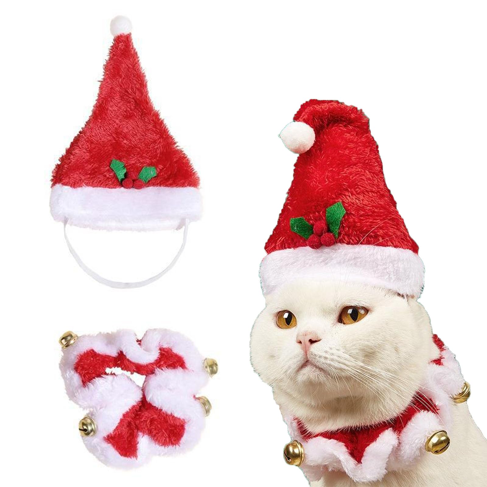 SUNTRADE Christmas Costumes for Cat, Santa Hats and Collar with Jingle Bells for Pets Cat Puppy Dog (Medium)