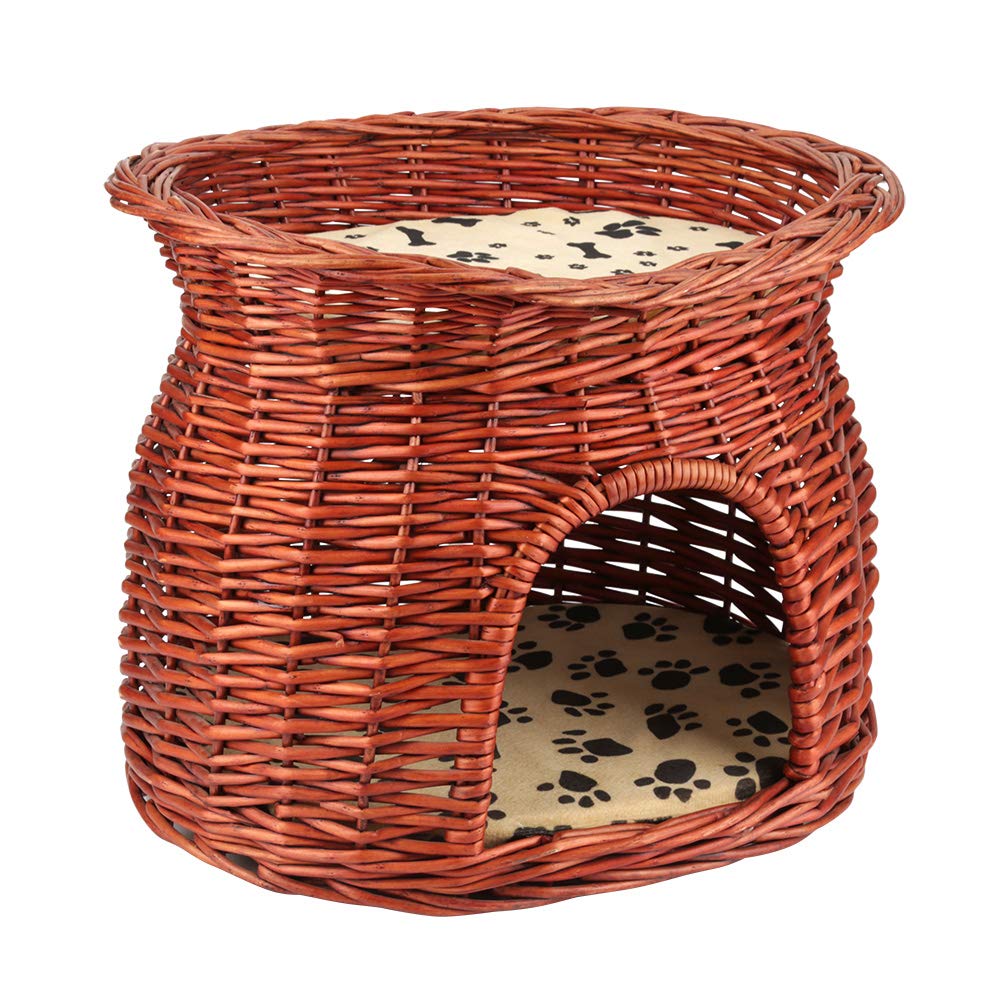 Zerone 2 Layers Cat Bed Cave, Rattan Wicker Cat Pet Sleeping Bed Play