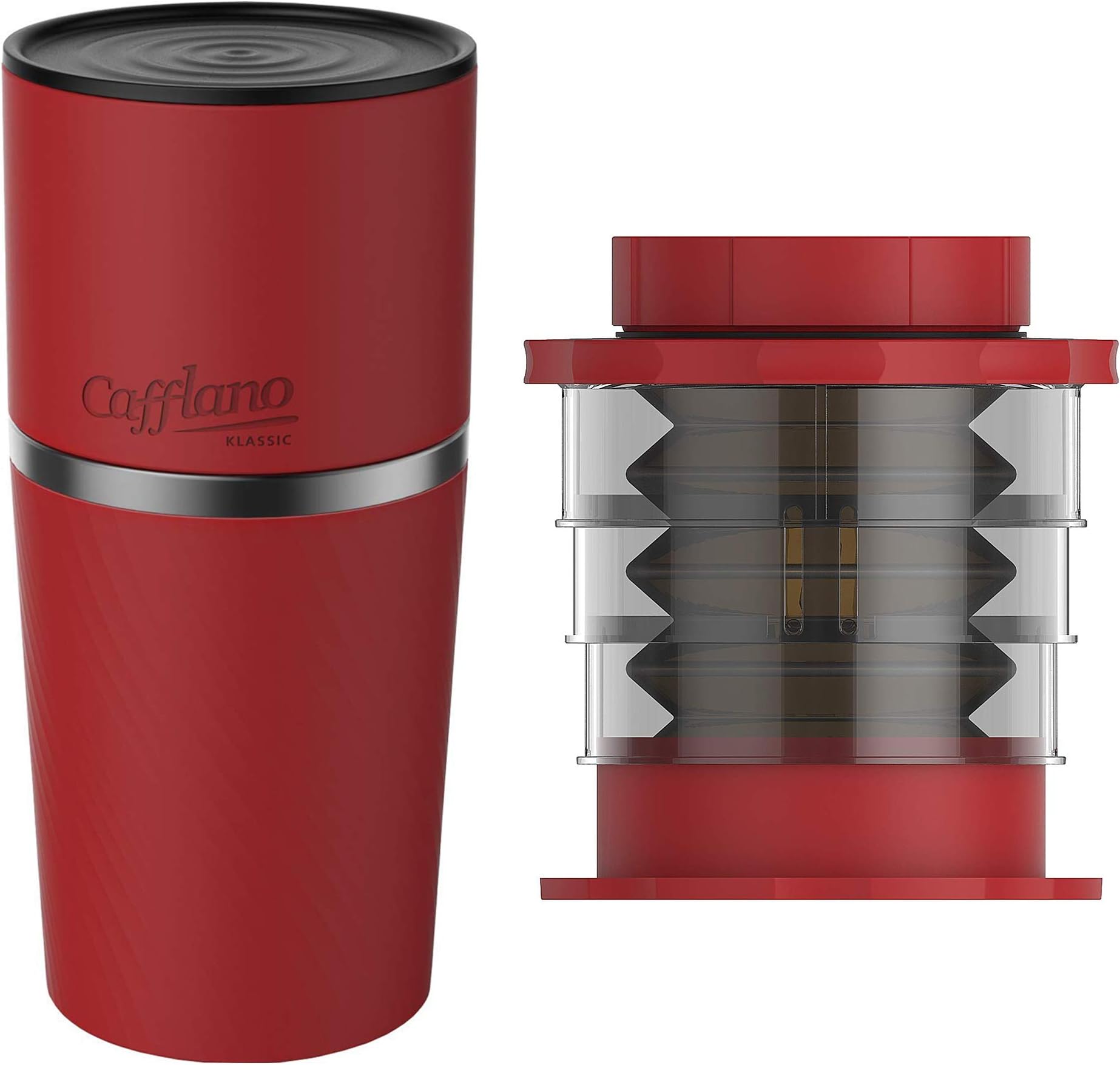 Mozlly Value Pack - Cafflano Klassic Red Travel All in One Coffee Maker - Lightweight - and Red Kompact Coffee Press - Lightweight and Portable - Includes Carry Case.