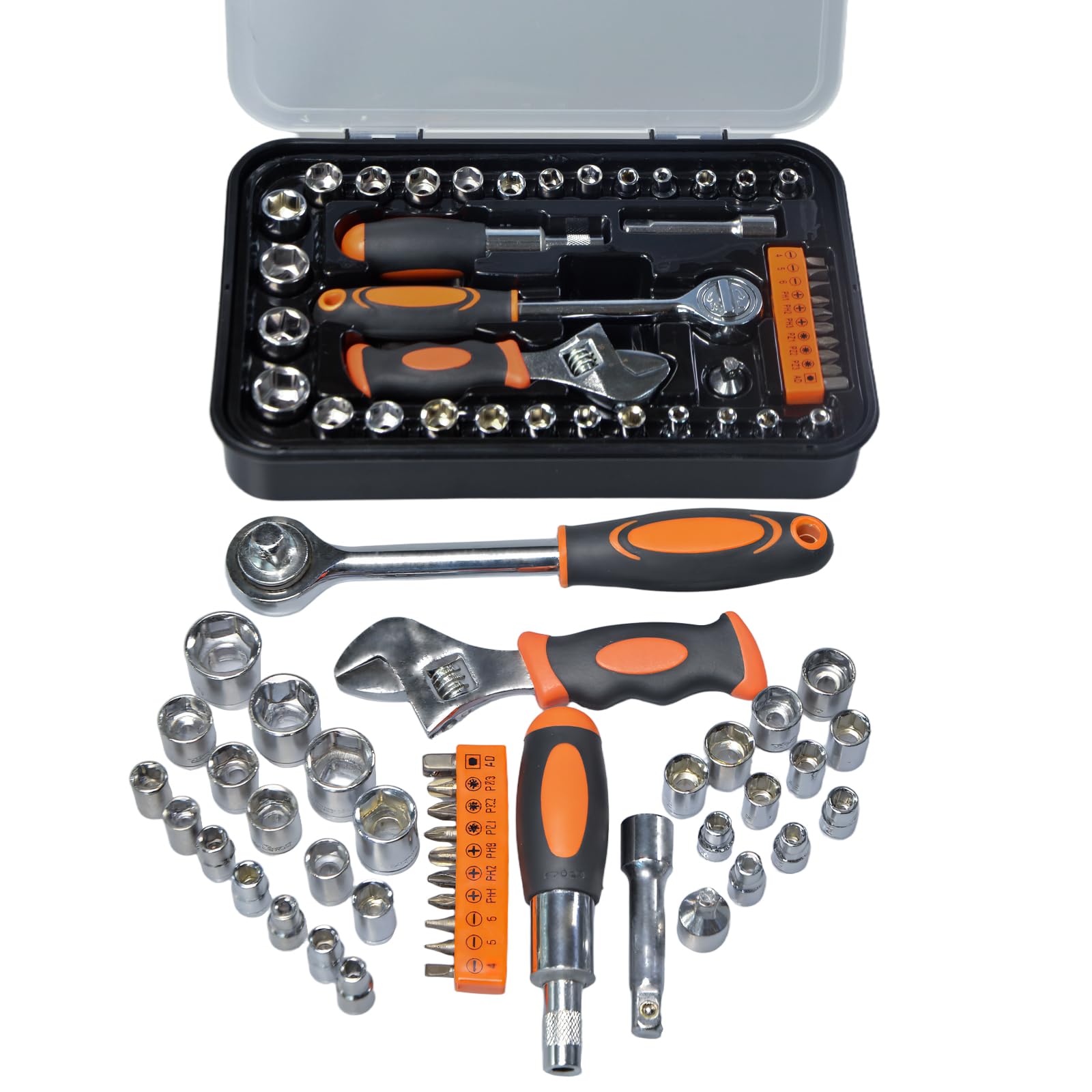 Photo 1 of Sunbaba 42 Piece Socket & Socket Wrench Sets 1/4 Drive Metric 4-13mm & SAE 5/32"-1/2", 3/8 Drive Metric 14-17mm, 1/4 Adaptors and Extensions, Mini Ratchet Angle Screwdriver and Bit