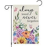 Heyfibro Always Loved Never Forgotten Memorial Garden Flag 12x18 Double Sided Burlap, Spring Summer Butterfly Flower Yard Banner for Sympathy Bereavement Remembrance Outdoor Cemetery Decor (ONLY FLAG)