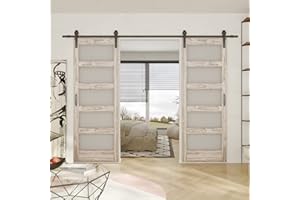 SOLRIG Glass Sliding Barn Door 60"(30" x2)× 84", 5 Tempered Glass Panel Barn Door, Waterproof PVC,Pre-drilled Barn Door Slab, Need to Assemble,2X Barn Door Hardware Included, Light Grey