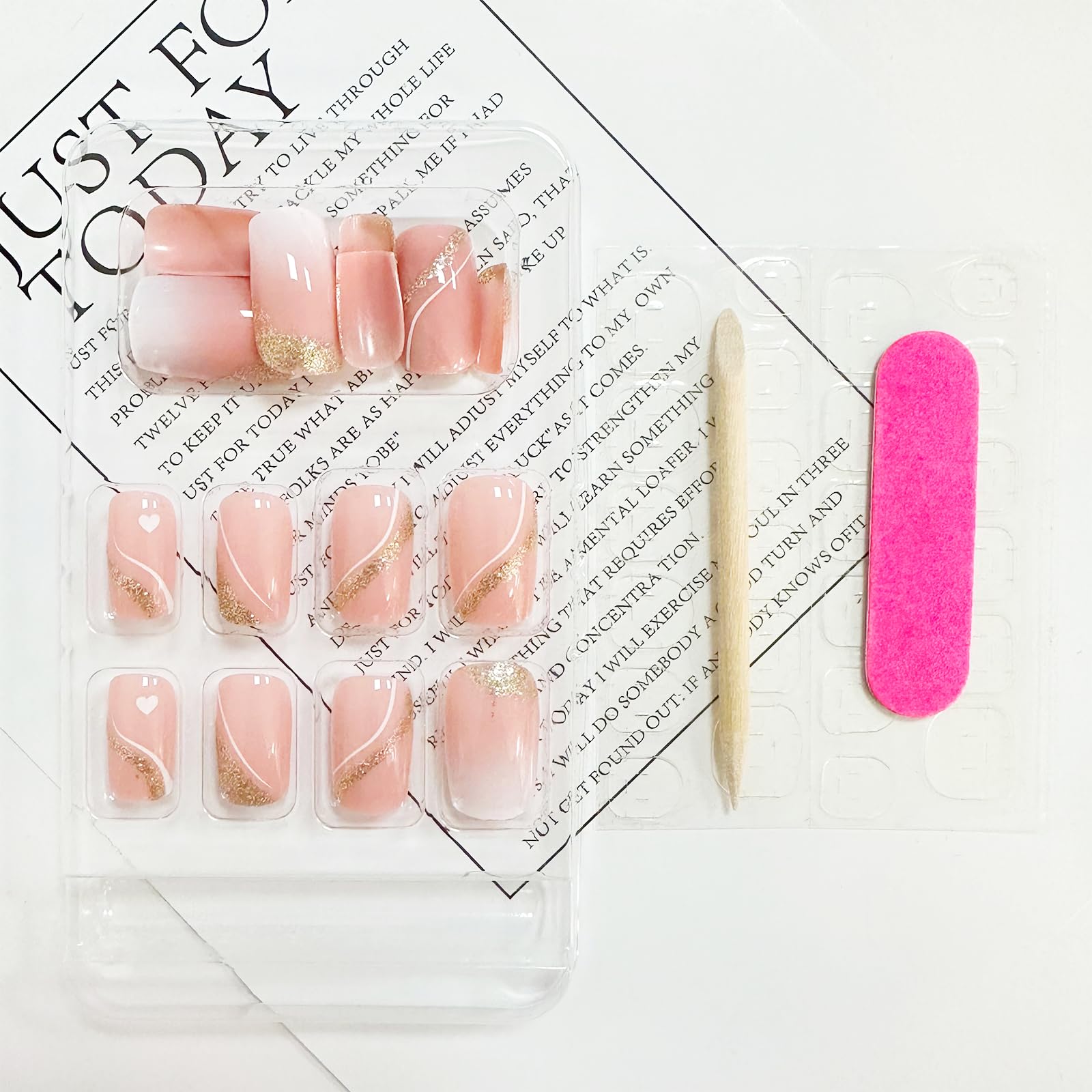 Press on Nails Medium Square Fake Nails Gold Glitter False Nails with Design Heart Curve Glue on Nails Gradient Pink Full Cover Acrylic Stick on Nails Reusable Artificial Nails for Women Manicure Kit - Image 3