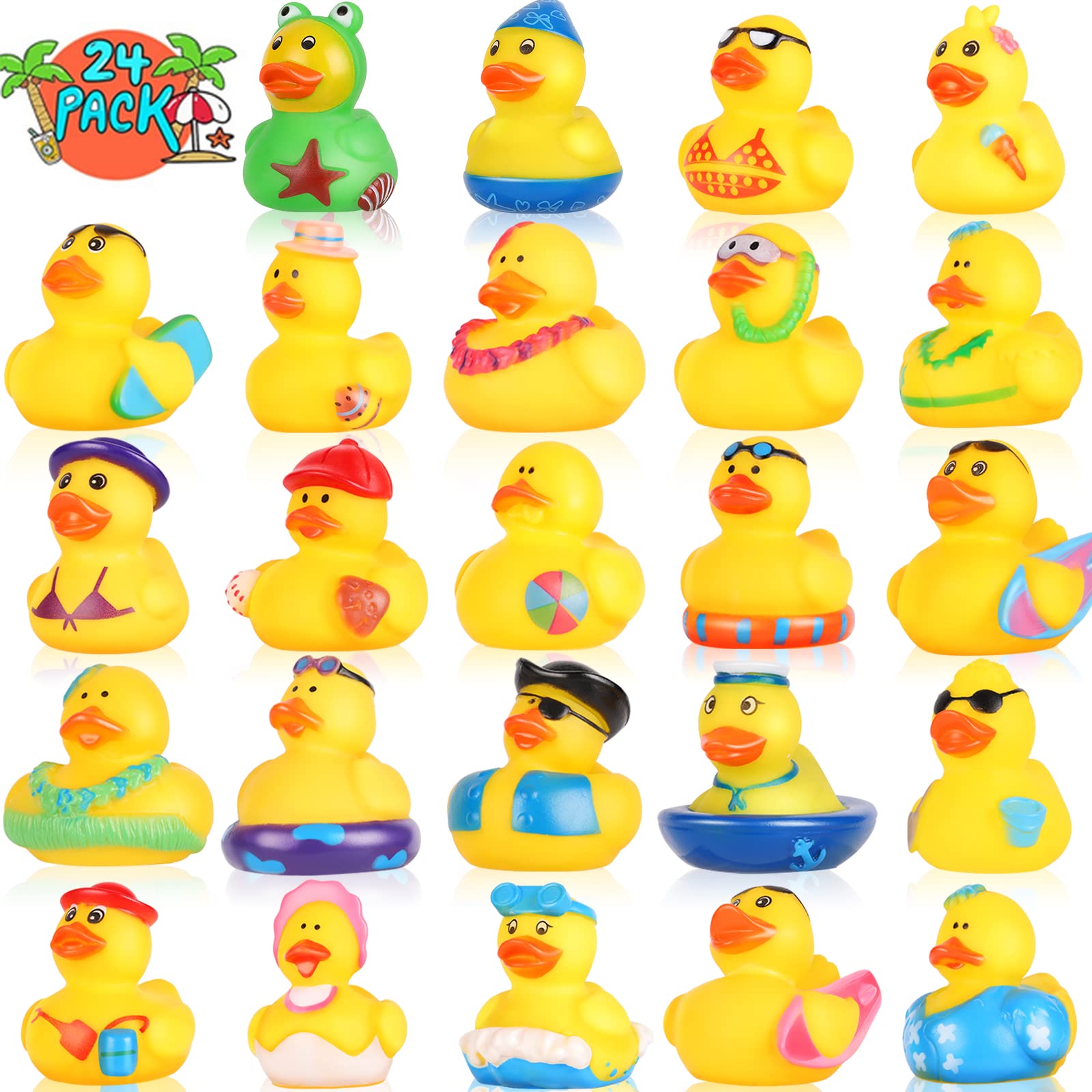 Mikulala 24 Pack Summer Rubber Duck Beach Rubber Ducks in Bulk Assorted Rubber Ducks for Duckies Games, Pool Play/Baby Bath Toys Party Favors