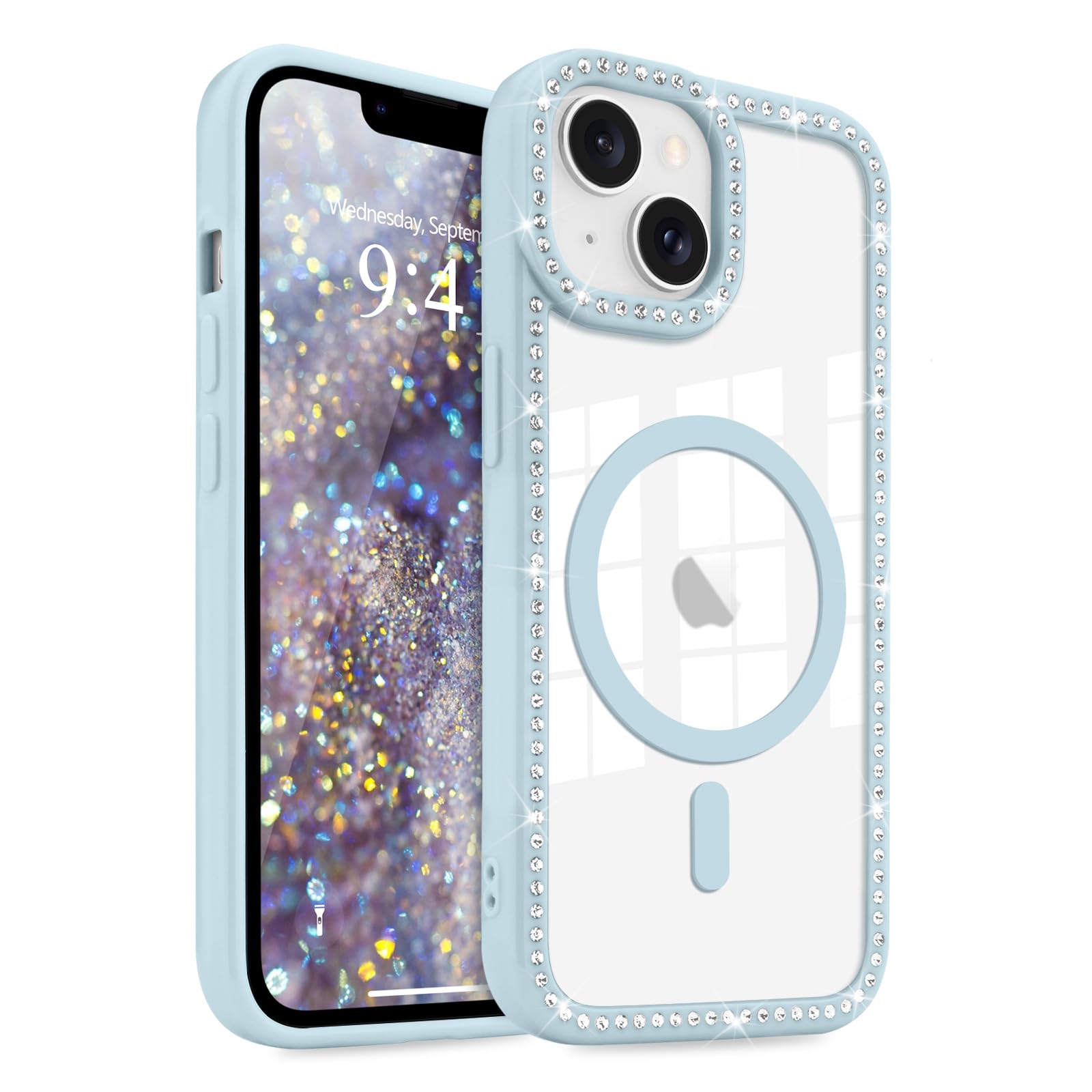 LCHULLE for iPhone 14 Case for iPhone 13 Case, Magnetic Clear Glitter Diamond Rhinestones for Women Girls Compatible with MagSafe Shiny Sparkle Soft TPU Bumper Slim Shockproof Phone Cover, Baby Blue