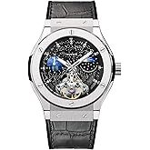 Automatic Watches for Men, Skeleton Watches for Men Analog Tourbillon Watch Starry Sky Dial 12-Hour Small Dial Moon Phase Mechanical Watch Black Leather Strap