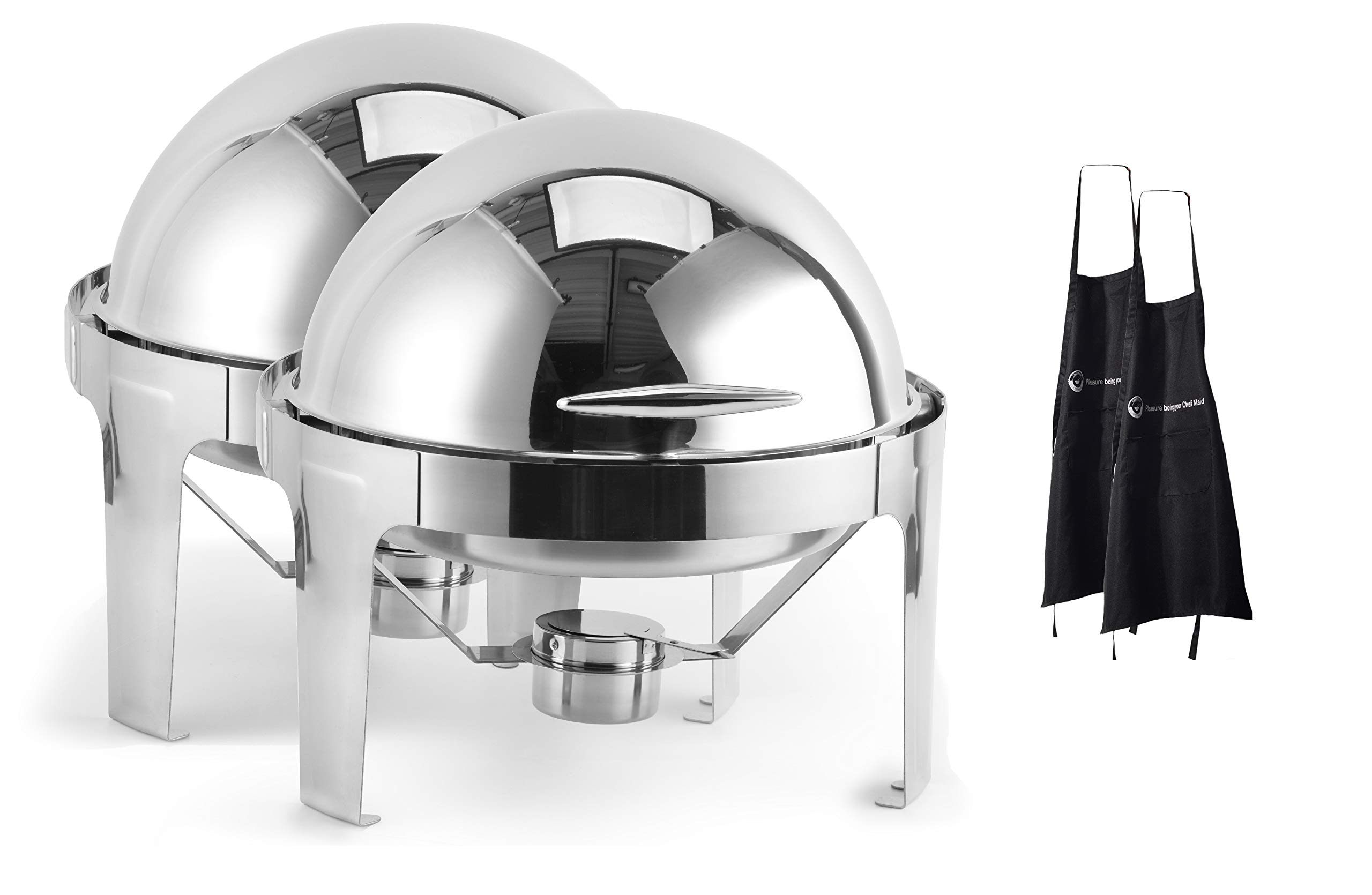 Photo 1 of 1Pack 6 QT Round Roll Top Chafing Dish Chafer, Stainless Steel, Each Set Includes Food Pan, Water Pan, Fuel Holder, and Apron- Durable, shiny silver, keeps food warm in catered events