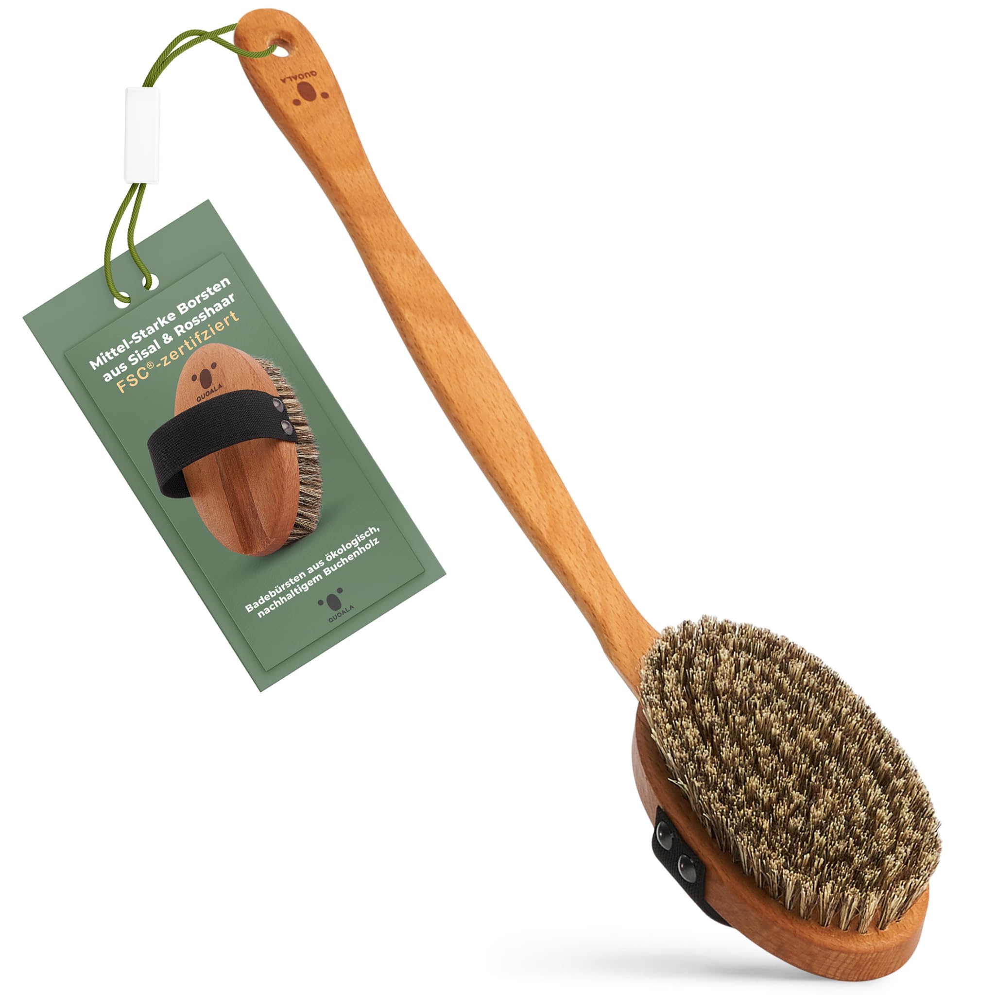 QUOALA Sustainable Body Brush: Medium (Sisal & Horsehair) - Detox, Radiant, Softening - Back Brush with Long Handle - Wet & Dry Use