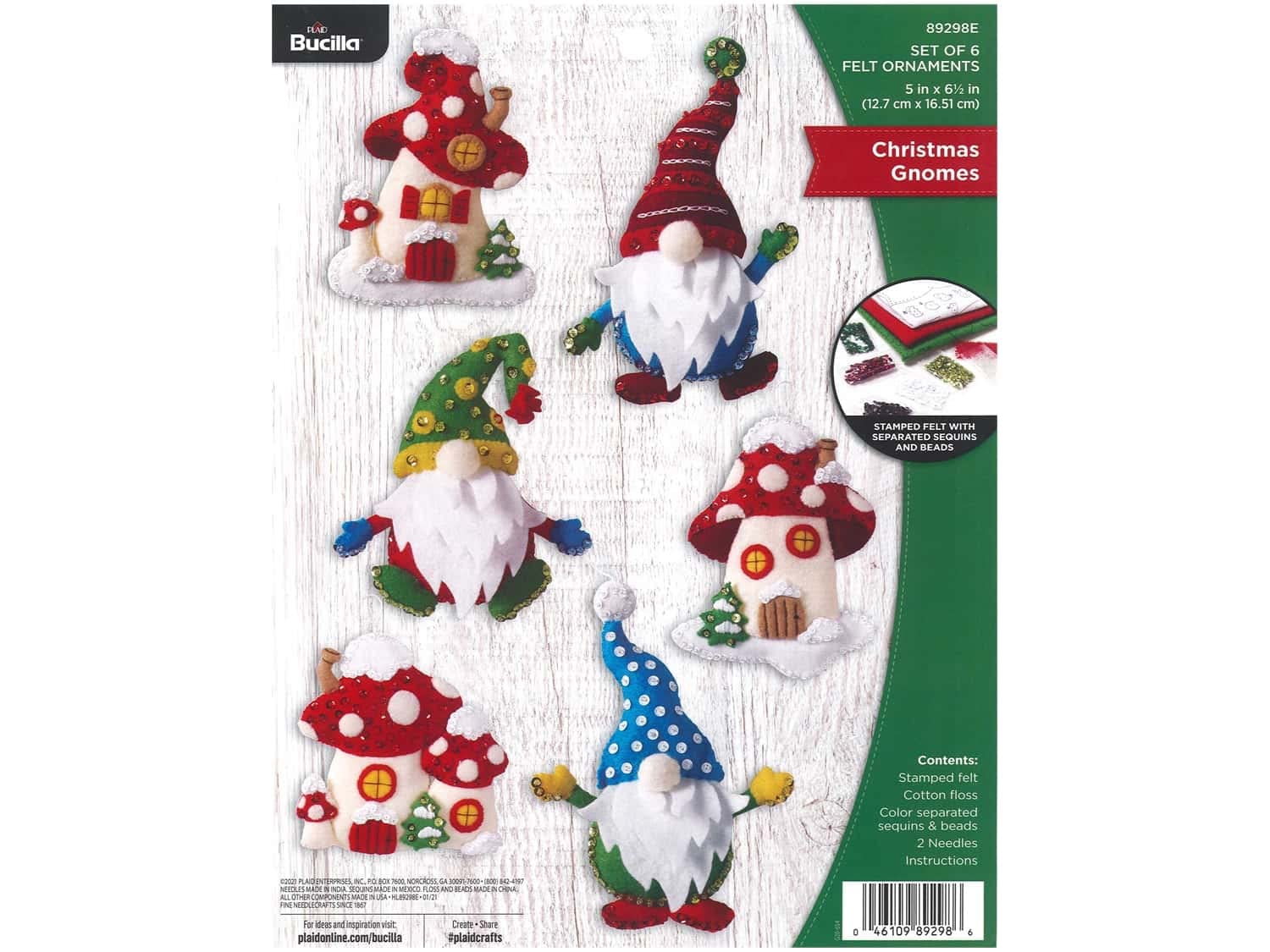 Bucilla Gnomes, Felt Applique Christmas Ornaments, Set of 6
