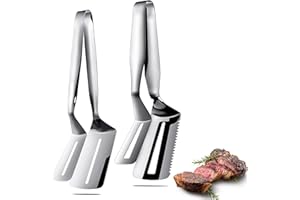 Romooa 2 Pcs Cooking Tong Spatula Tong 10 Inch and 12 Inch Stainless Steel Double Sided Steak Clamps Multifunctional Flipping Spatula Clip for Fish Bread Hamburger BBQ Pies Pizza Housewarming Gift
