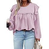 AlvaQ Women Plus Size Tops Crewneck Ruffle Long Sleeve Shirts Casual Lace Swiss Dot Chiffon Blouses L-4X