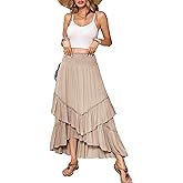 R.Vivimos Long Skirts for Women Summer Boho Smocked Strapless Dress Elastic High Waisted Layered Ruffle Hem Beach Midi Skirt