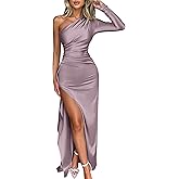 Caracilia Womens Wedding Guest Maxi Dress 2025 Fall One Shoulder Sleeve Satin Bodycon High Split Cocktail Formal Prom Dresses
