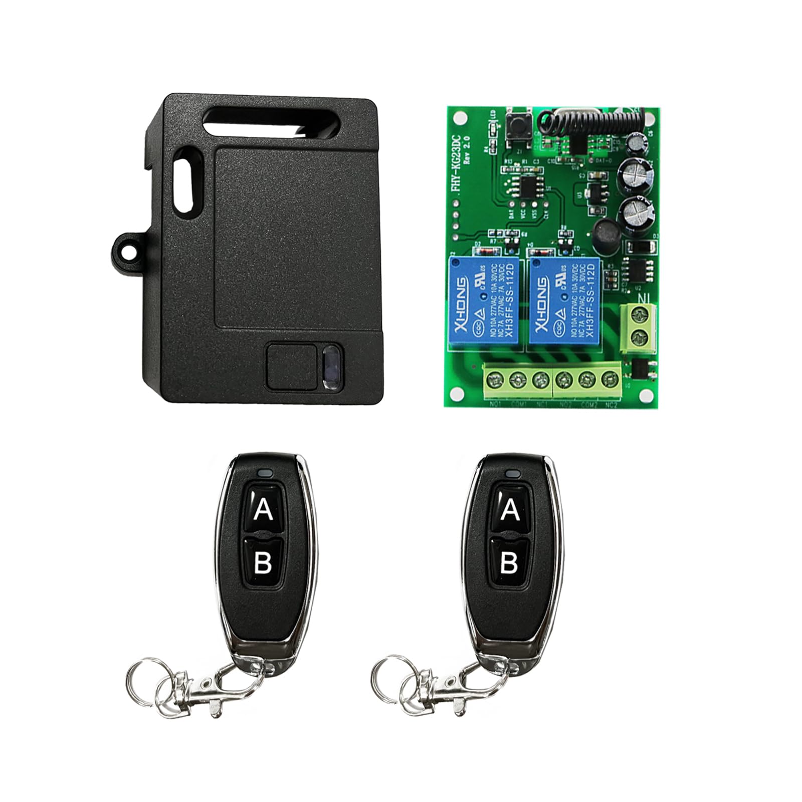 Bkiyougo 12v Relay 433Mhz Remote, DC 12V 24V Secure Remote Control Switch Universal Wireless 10A Relay Receiver Board with 2 Transmitter Key fobs, for Motor, Light, Gate Door, DIY Wireless Controller