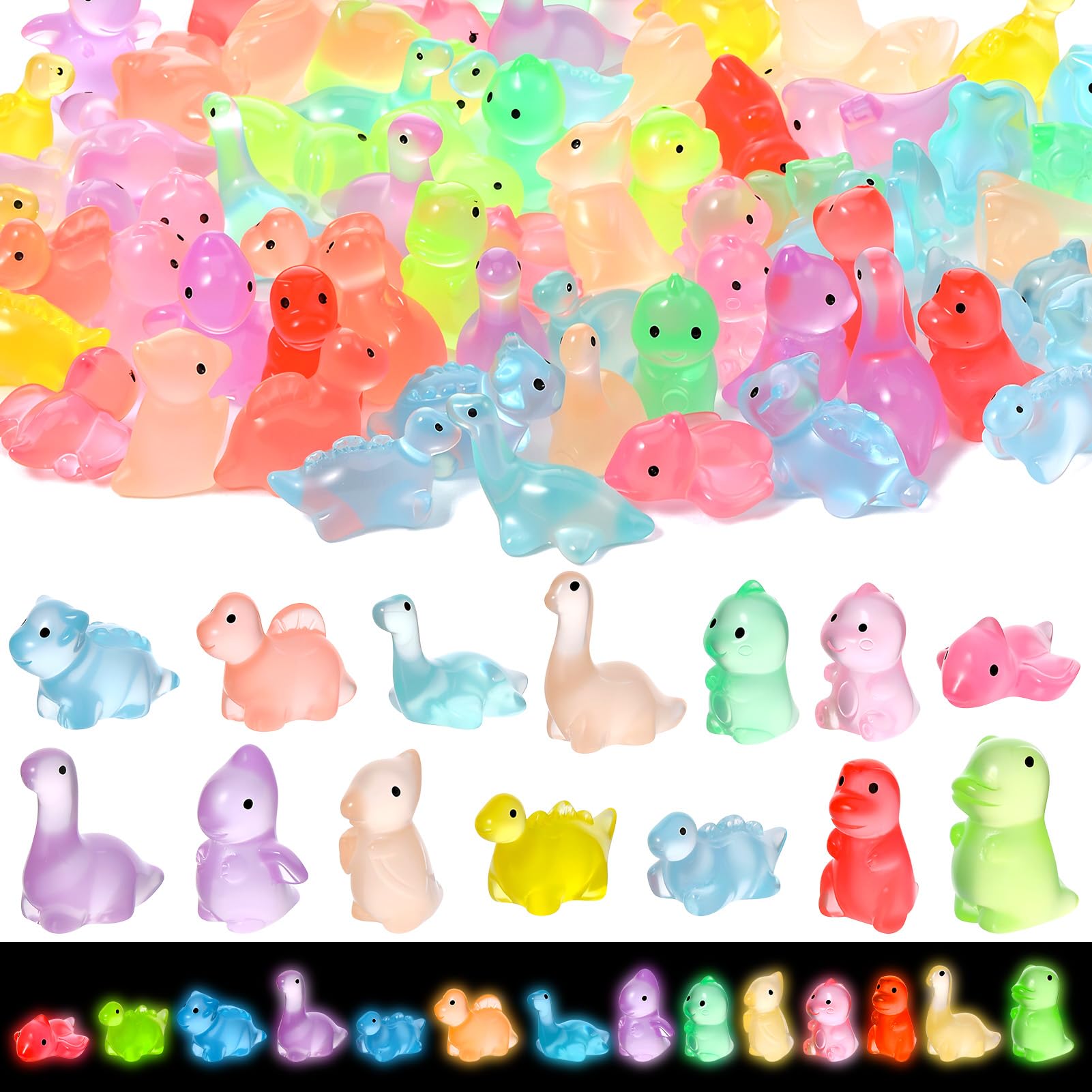 Vyuwast 70 Pcs Mini Resin Dinosaurs 14 Styles Luminous Resin Animals Glow in the Dark Mini Dinosaurs for Birthday Party Miniature Landscape Easter DIY Decoration