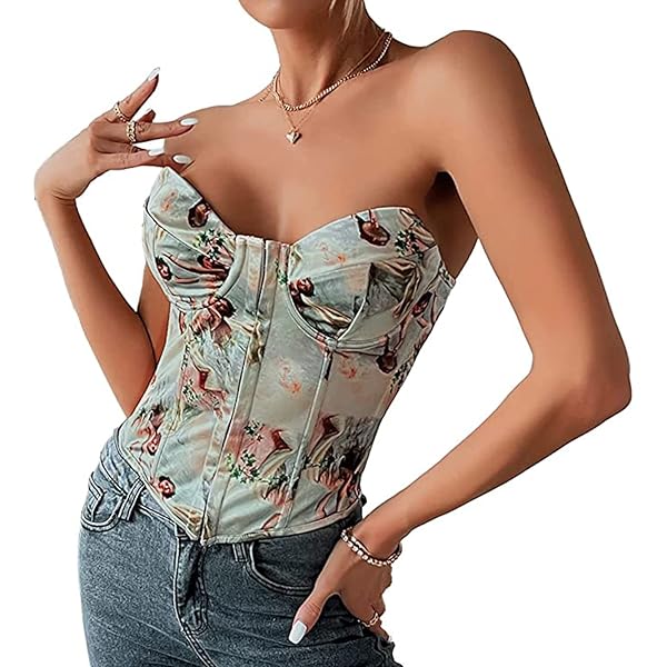 トップス elfelfarchives BUSTIER PRINTED TOP Zapaka Women Apricot Printed Lace-up Back Corset Top – ZAPAKA