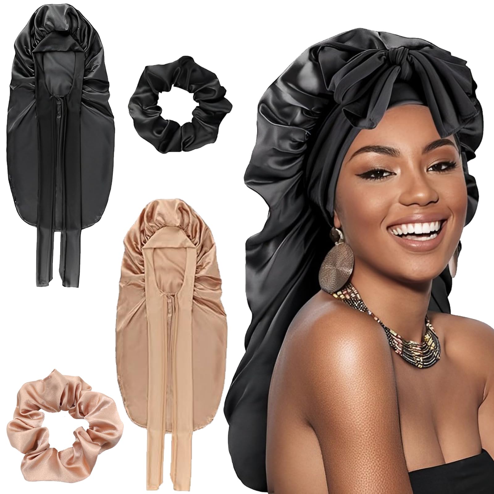 2 PCS Silk Bonnet for Sleeping, Protecting Hairstyle Soft Satin for Curly, Long Hair (Black + Champagne)