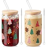 Sliner 2 Pcs Christmas Tree Glass Cups Xmas Winter Tumbler with Lid Straw Drinking Glasses 16 oz Iced Coffee Cup with Cleaning Brush Beer Can Tumbler Cute Holiday Gifts for Home Office Decorations