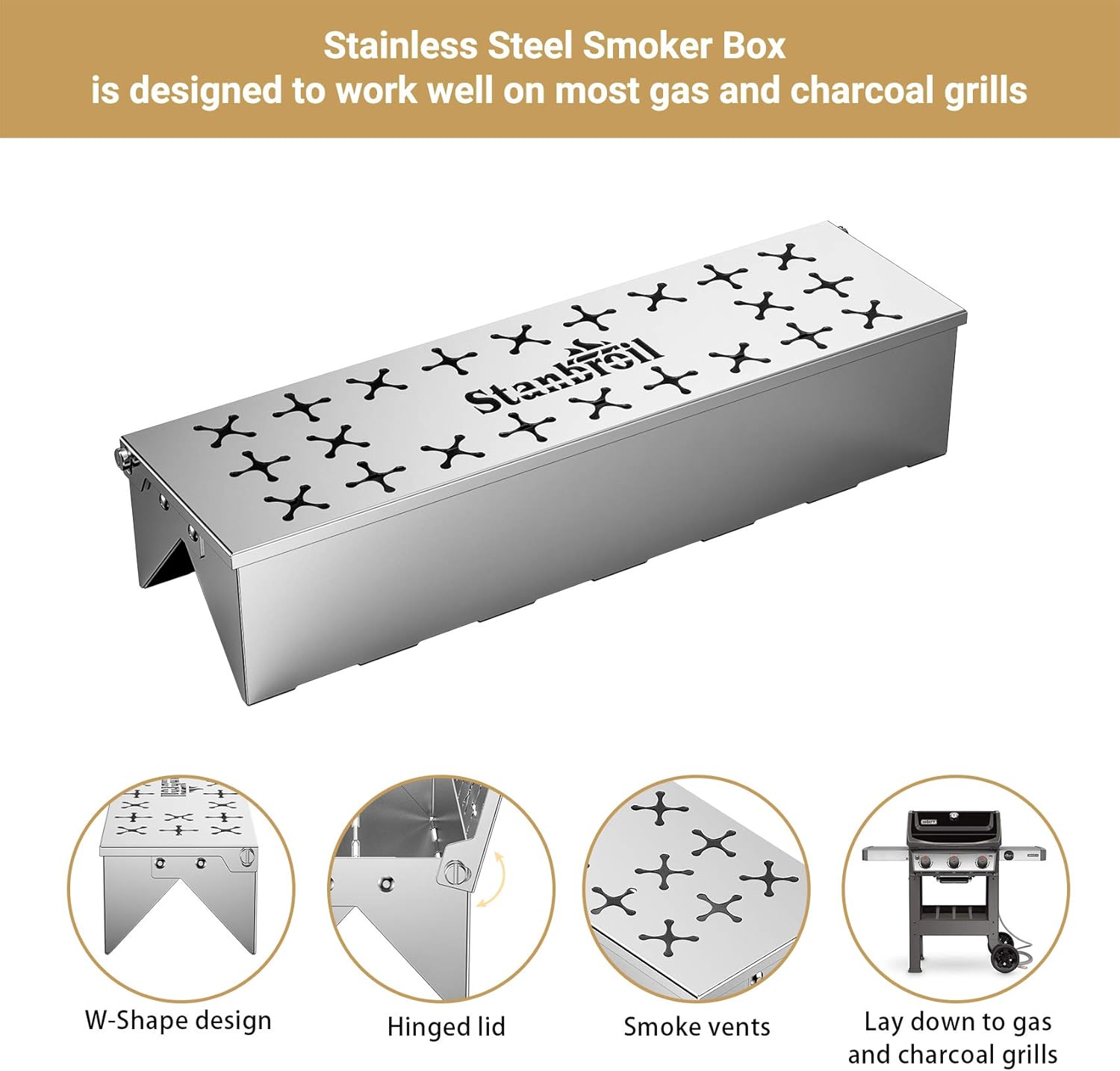 Stanbroil Double V-shape Smoker Box for Charcoal & Gas Grill, Unique W-Shape Design on Bottom, Provides Great Smoky Flavor, Stainless Steel: Kitchen & Dining
