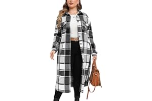 ZOMVA 2024 Women's 0X-5X Plus Size Long Flannel Plaid Shacket Jacket Oversized Button Down Coats Shirts with Pockets