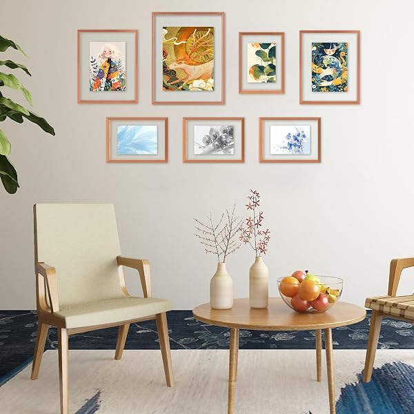 GOLDEN STATE ART, 7 PACK FLOATING FRAMES FOR ONE 11X14, TWO 8X10, AND FOUR 5X7 PICTURES. ALUMINUM PHOTOS FRAME FOR WALL DISPLAY (ROSE GOLD)