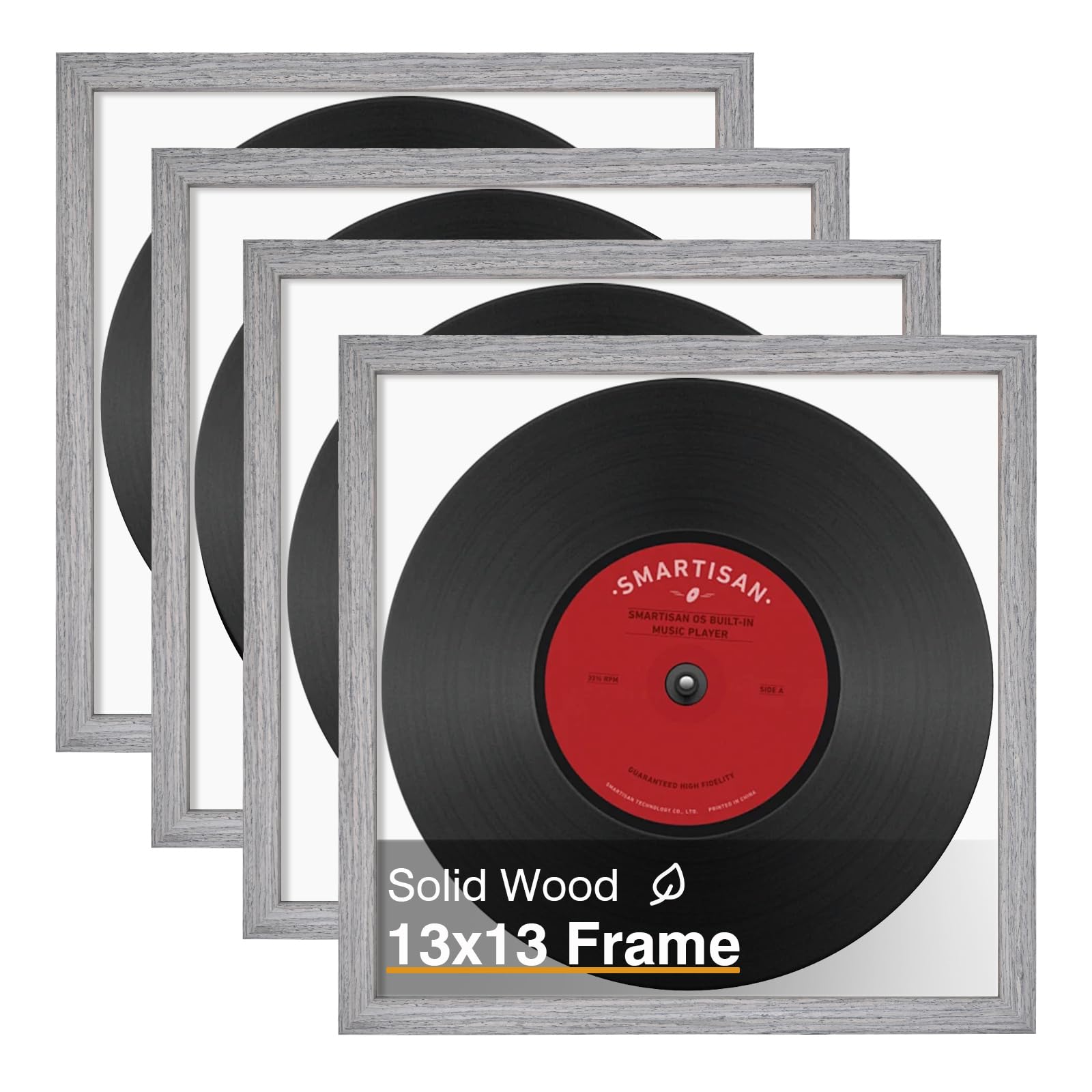 KINLINK 13x13 Picture Frame, Grey Square Solid Wood Frames for Pictures 13x13 without Mat and 12.5x12.5 Music Record Album, Wall Display Photo Frames Grey Wood 4 Pack Image