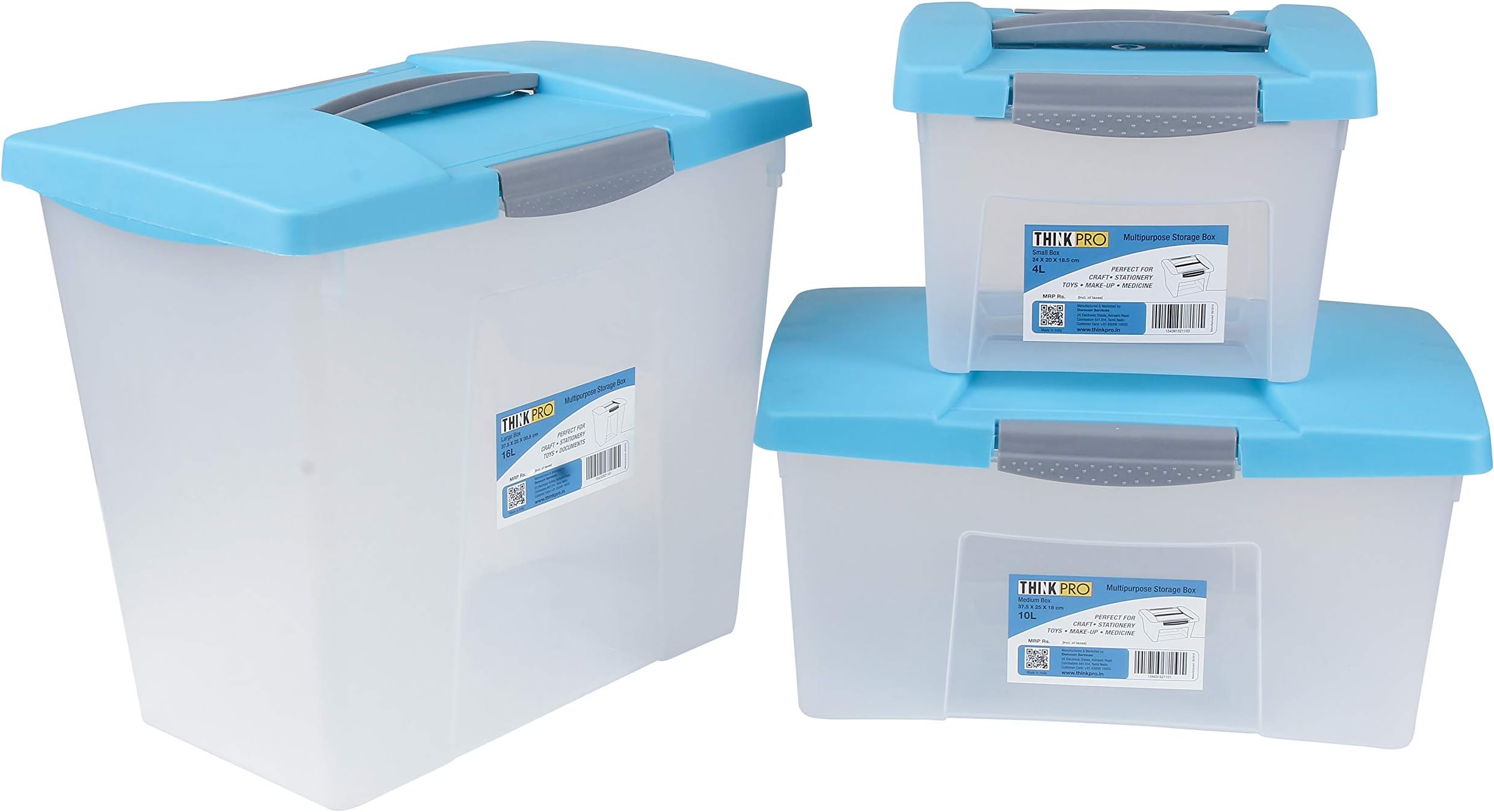 ThinkPro Plastic Multipurpose Storage Box (Blue & Grey, Pack of 3-4L,10L,16L)