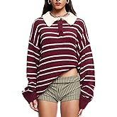 Women Y2k Rugby Polo Shirt Striped Knit Sweater Long Sleeve Collared V Neck Sweatshirt Oversized Pullover Tops
