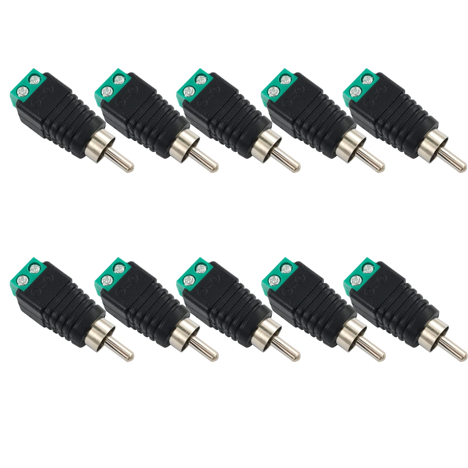 BRIEFCEC Phono RCA Male Plug to AV Screw Terminal Audio Video Connector Speaker Wire to Subwoofer Adapter, Solder free RCA Male to Speaker Wire, 10PCs, Green