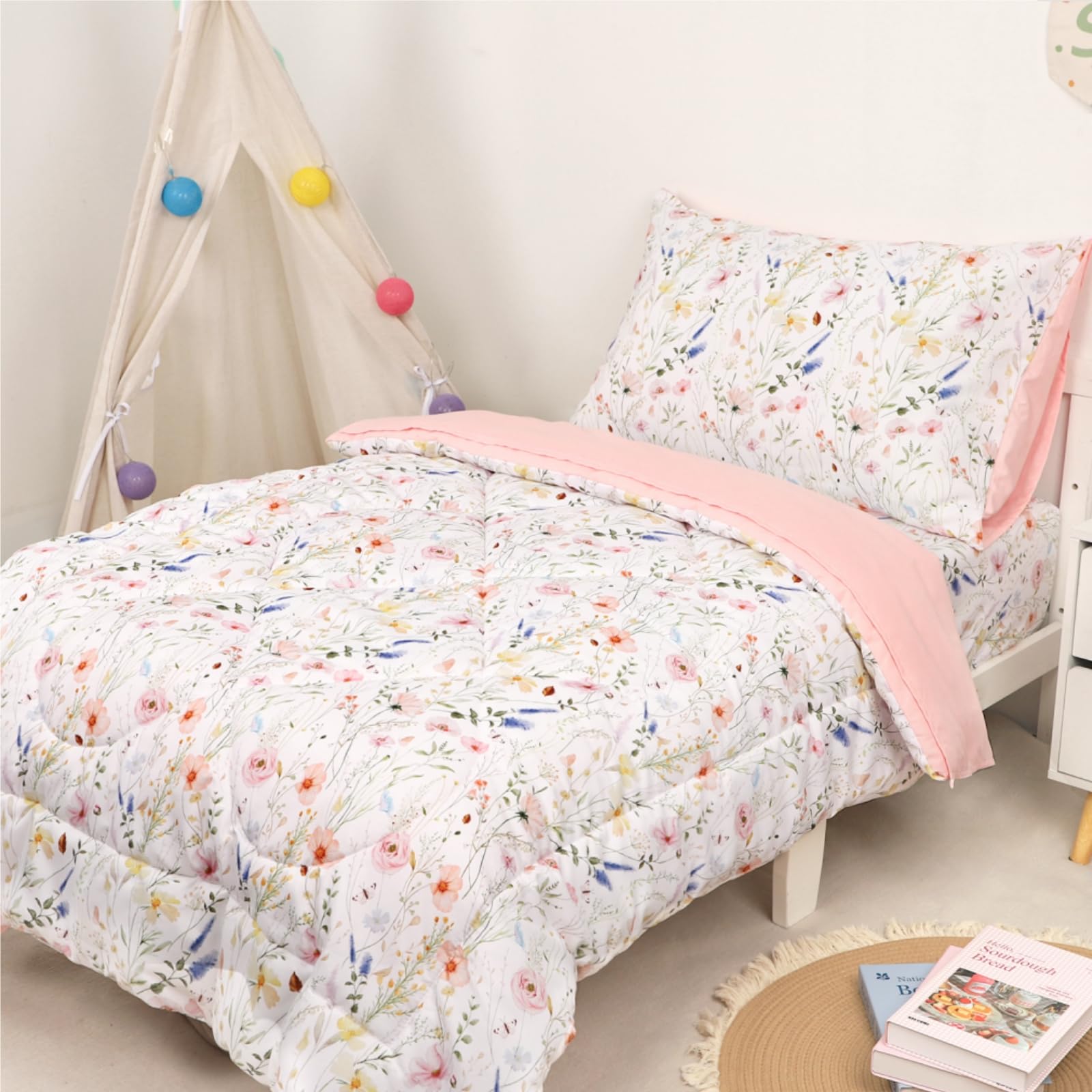 Photo 1 of CARUILI 4 Piece Toddler Bedding Set for Girls, Boho Toddler Bed Comforter Set, Ultra Soft & Breathable Crib Bedding Includes Quilted Comforter, Flat Sheet, Fitted Sheet, Pillowcases, Pink Flower